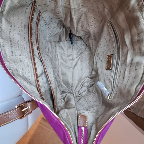 Ralph Lauren Purple Magenta Nylon Tote Shoulder Bag With Brown Straps - Picture 4 of 10